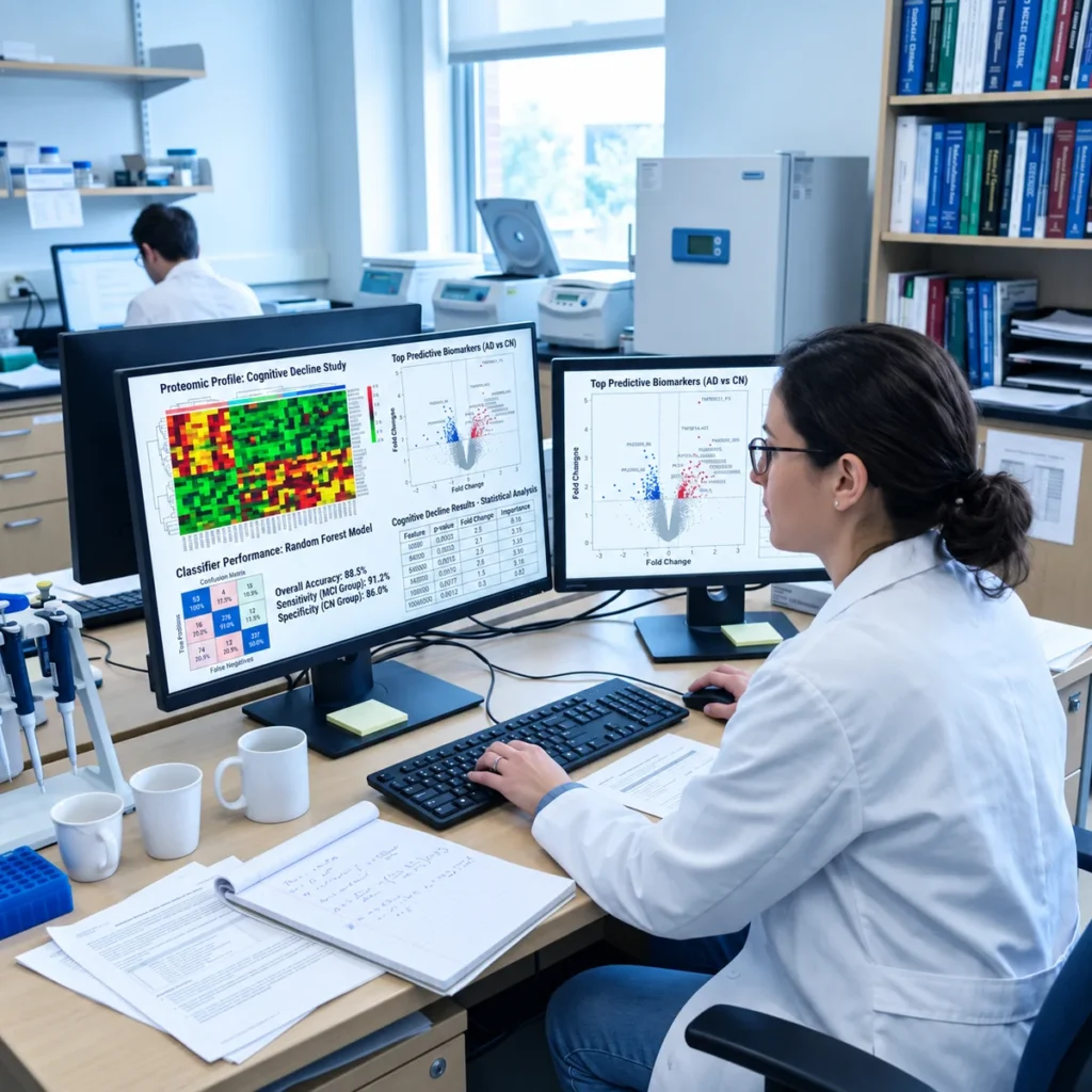 Researcher reviewing AI-supported proteomic analysis