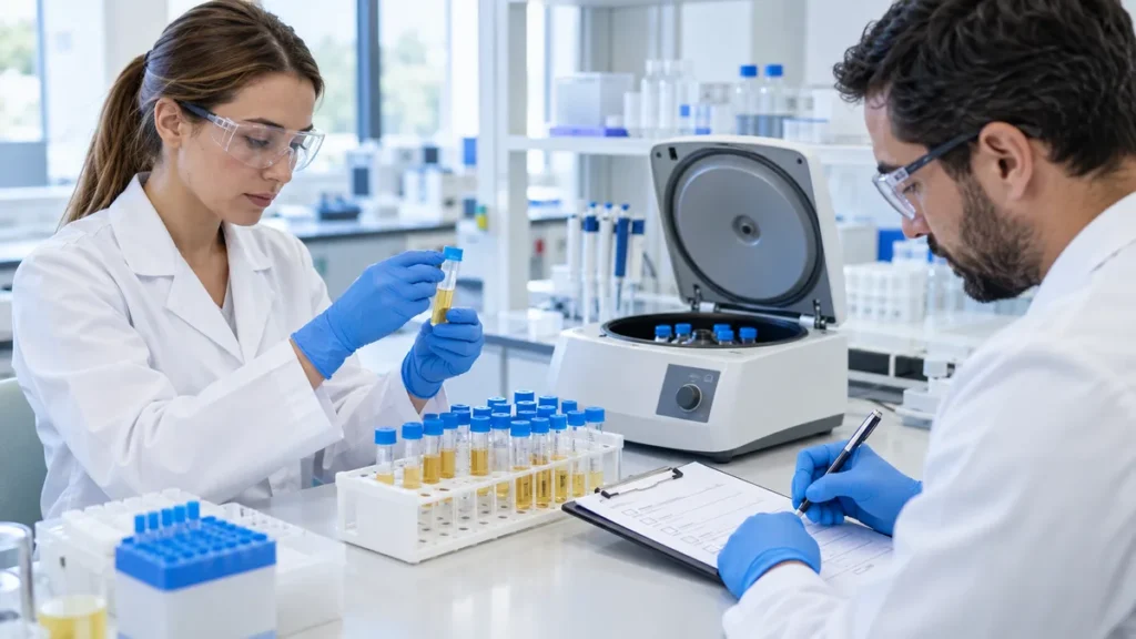 Researchers validating urine samples in a clinical laboratory