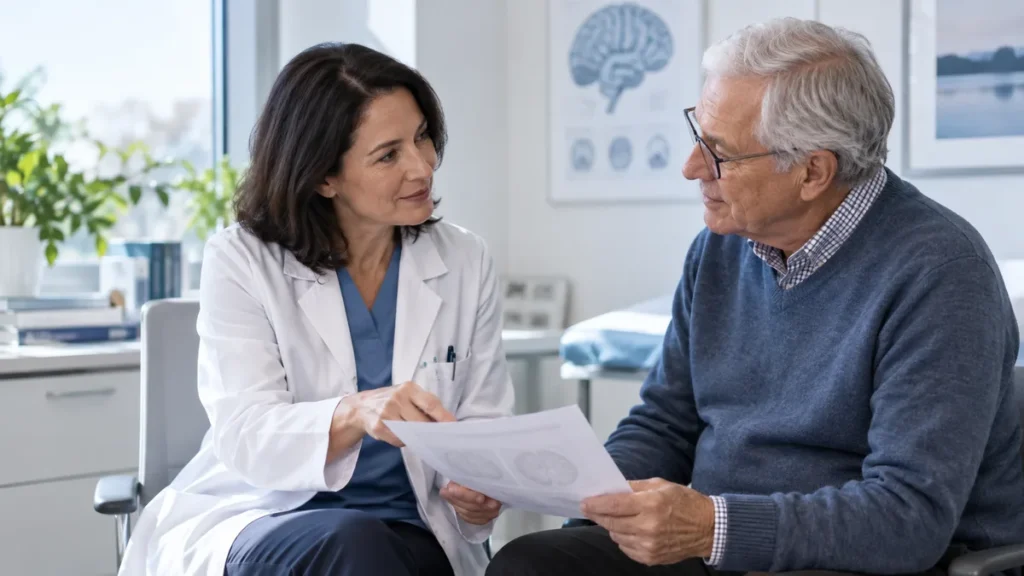 Neurologist consulting with an older patient