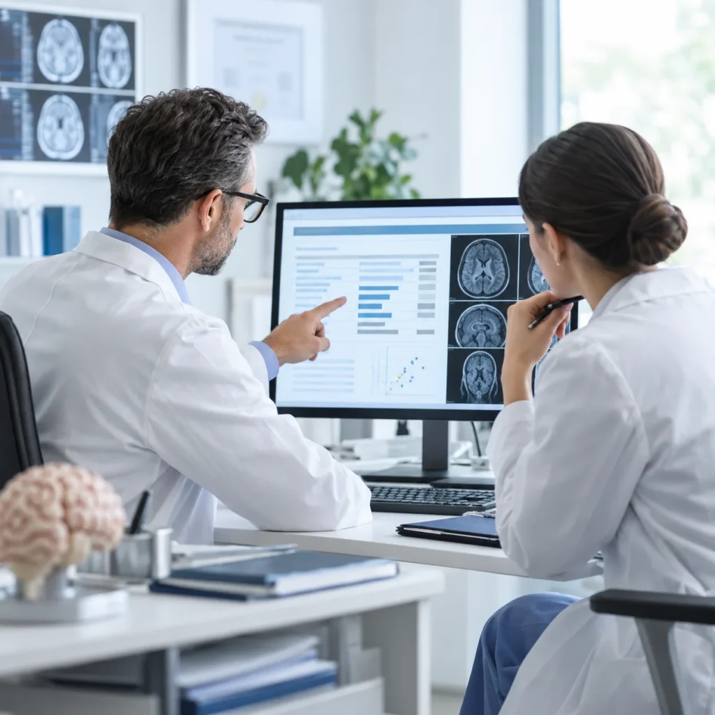 Clinicians reviewing a laboratory-supported diagnostic result